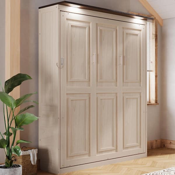 Perfect Beige Wood Frame Queen Size Multi-Functional Murphy Bed with LED