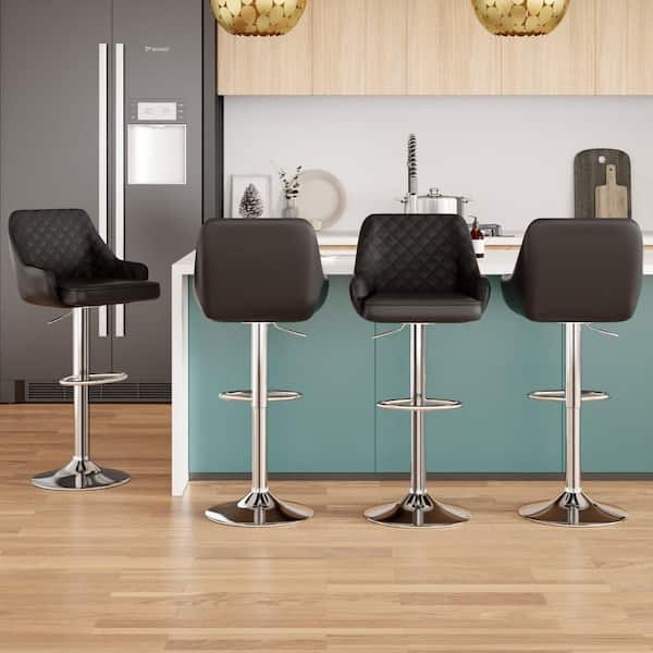 37.4 Bar Stools (Set of 4) with Back, Adjustable Counter Height Bar Chairs for Kitchen Island, Black PU Metal Barstool