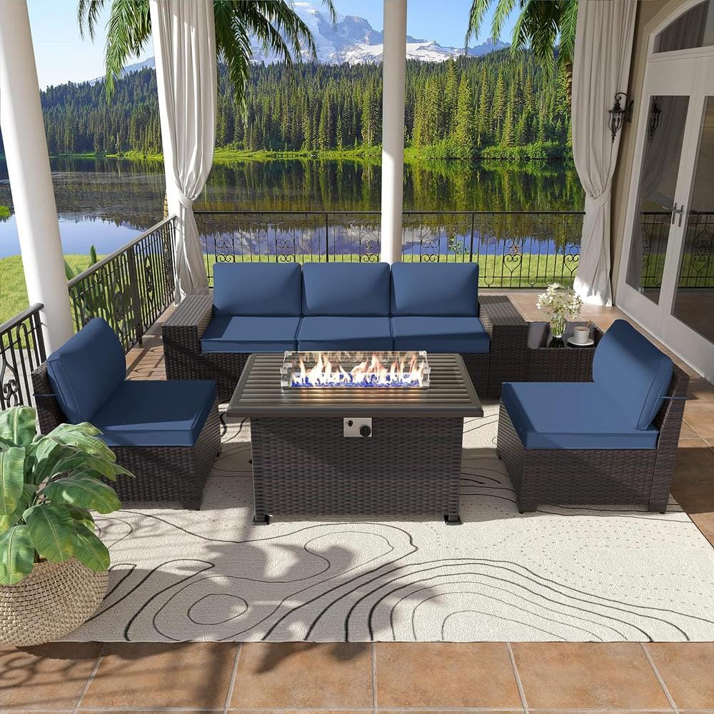 Halmuz 7-Piece Wicker Patio Conversation Set with 55000 BTU Gas Fire ...