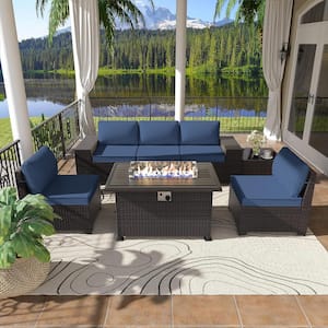 7-Piece Wicker Patio Conversation Set with 55000 BTU Gas Fire Pit Table and Glass Coffee Table and Navy Blue Cushions