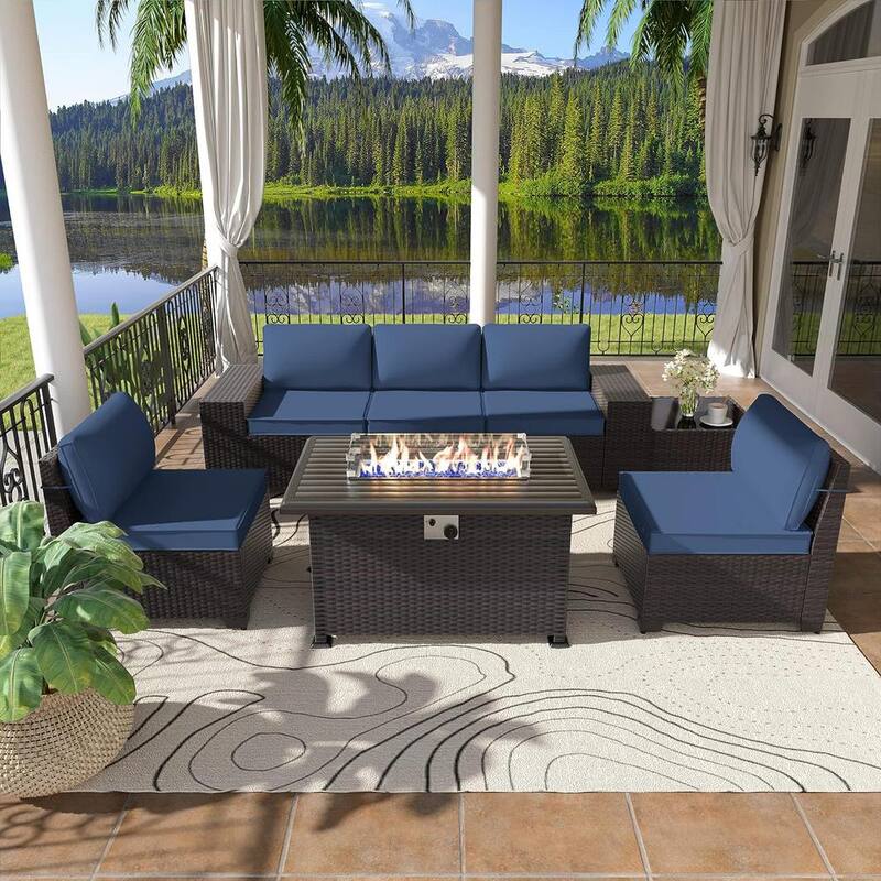 7-Piece Wicker Patio Conversation Set with 55000 BTU Gas Fire Pit Table and Glass Coffee Table and Navy Blue Cushions