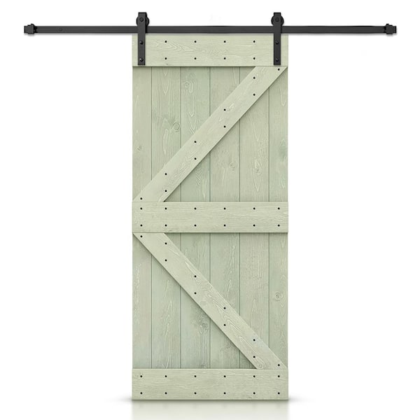 CALHOME K Series 30 in. x 84 in. Pre-Assembled Sage Green Stained Wood Interior Sliding Barn Door with Hardware Kit