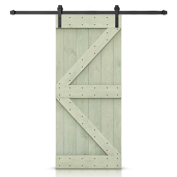 CALHOME K Series 30 in. x 84 in. Solid Sage Green Stained DIY Pine Wood Interior Sliding Barn Door with Hardware Kit