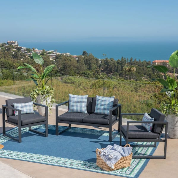3-Piece Metal Outdoor Sectional Set with Dark Gray Cushions