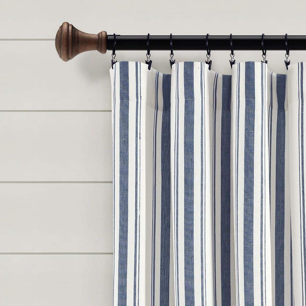 Navy and White Cotton Blend Striped Window Curtain Panels, 42"W x 95"L