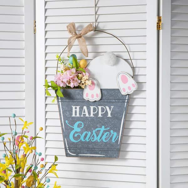 Glitzhome 18 in. H Wooden Easter Bunny Eggs Wall Decor 2006600009 ...