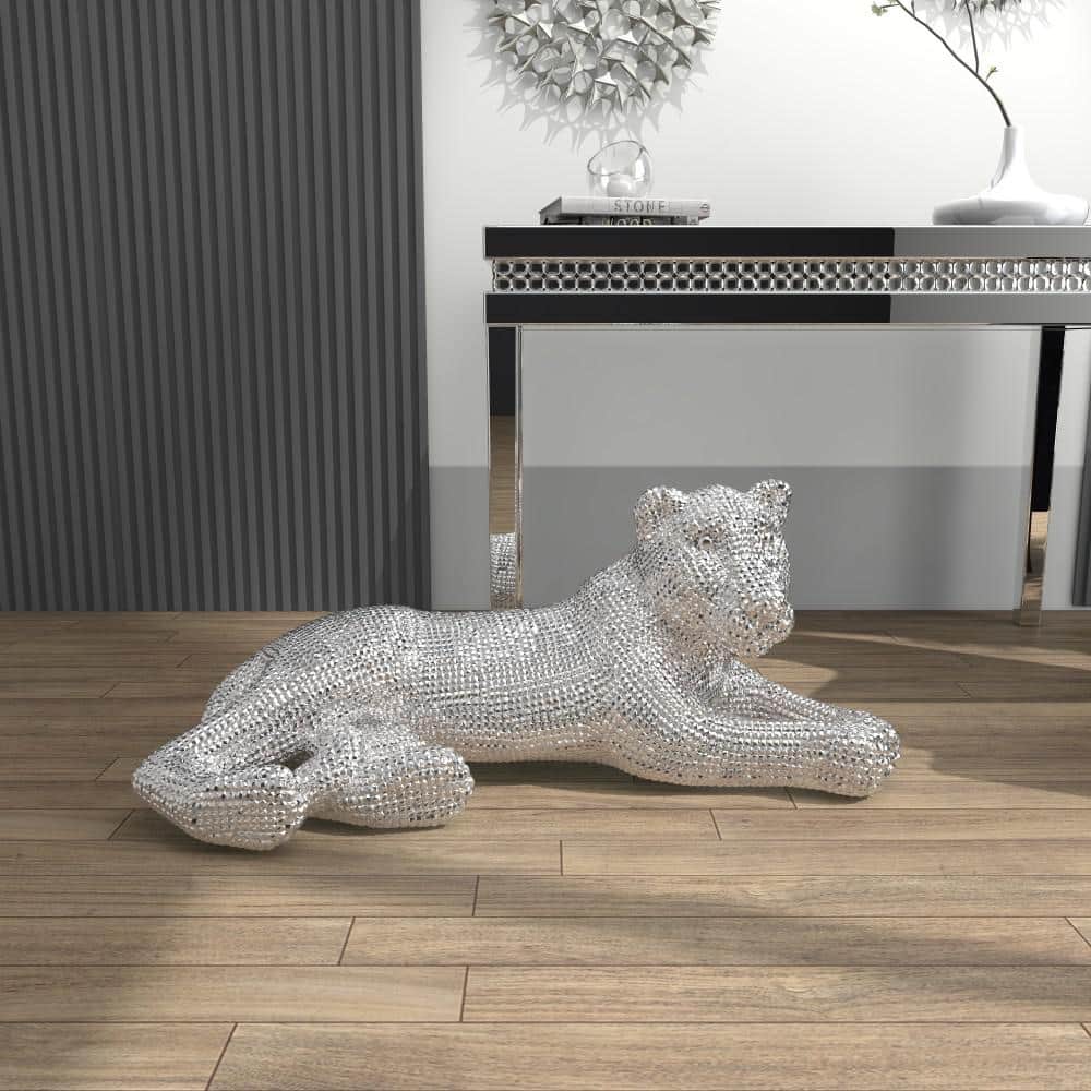 Silver Polystone Glam Leopard Floor Sculpture with Faceted Diamond Texture
