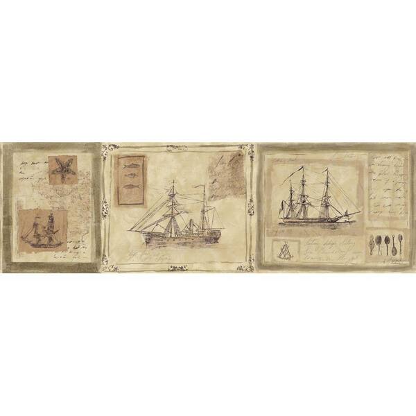 The Wallpaper Company 8 in. x 10 in. Neutral Nautical Ships Border Sample