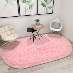 Pink 2.6 ft. x 5.3 ft. Oval Fluffy Ultra Soft Carpet Area Rug