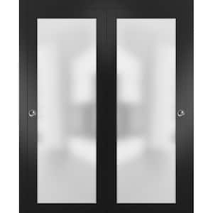 2102 56 in. x 80 in. 1 Panel Black Finished Solid Wood Sliding Door with Bypass Hardware