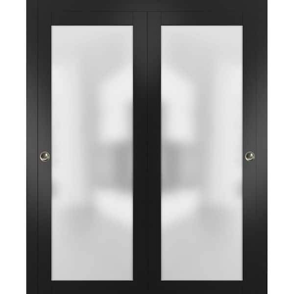 64 in. x 84 in. 1-Panel Black Finished Solid Wood Sliding Door with Bypass Hardware