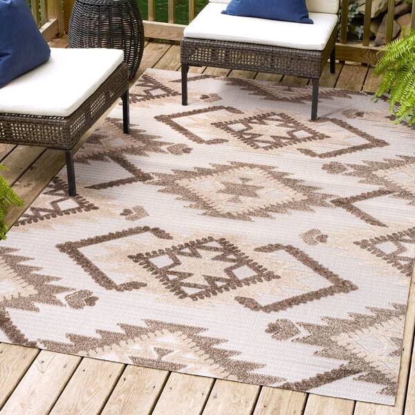 JONATHAN Y Sumak Brown/Ivory 3 ft. x 5 ft. High-Low Pile Neutral Diamond Kilim Indoor/Outdoor Area Rug