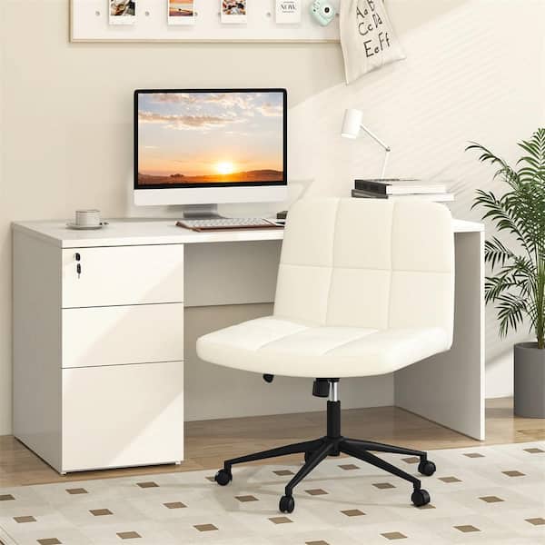 HONEY JOY PU Leather Upholstered Modern Swivel Criss Cross Chair with Wheels and Height Adjustable for Office in Beige