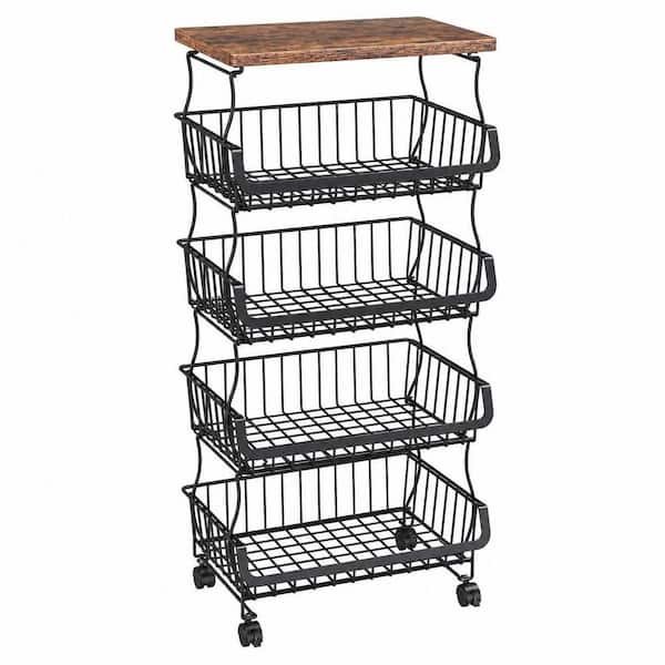 5-Tier Rolling Storage Cart Set, Metal Wood Top, Anti-Rust, Lockable Wheels, Detachable Baskets for Spring Storage