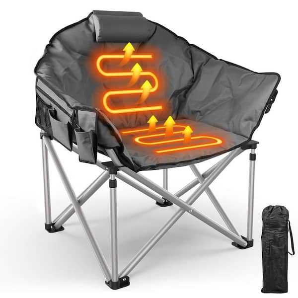 SEEUTEK Calhoun Outdoor Oversized Foldable Heated Camping Grey Patio Chair with Metal Frame