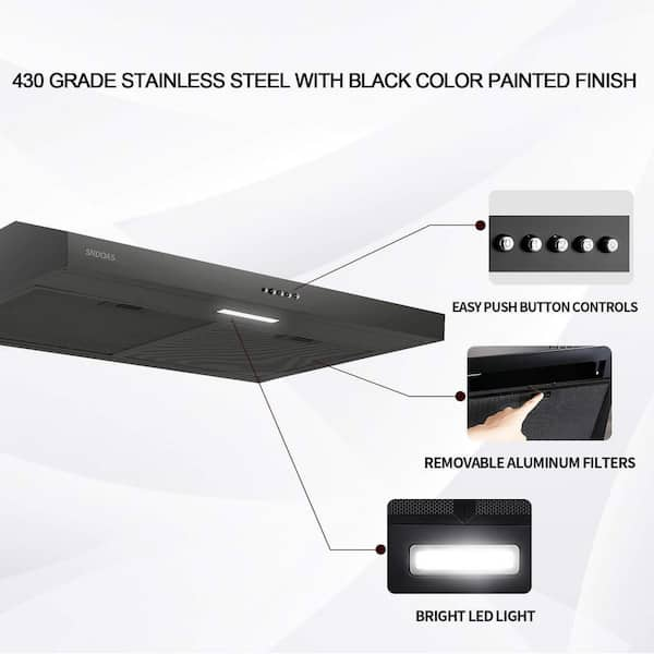 30 Inch Kitchen Range Hood 230CFM 3 Speed Adjustable Push Button LED Light