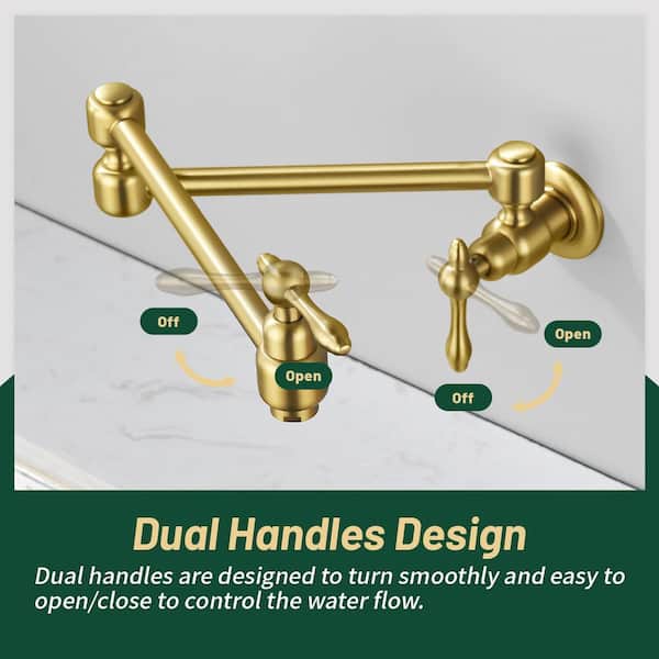 Wall Mounted Folding Pot Filler with Double-Handle Brass Stretchable Kitchen Sink Faucet in Brushed Gold