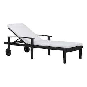 Drezden Black Acacia Wood Outdoor Patio Chaise Lounge with White Cushion and Castors