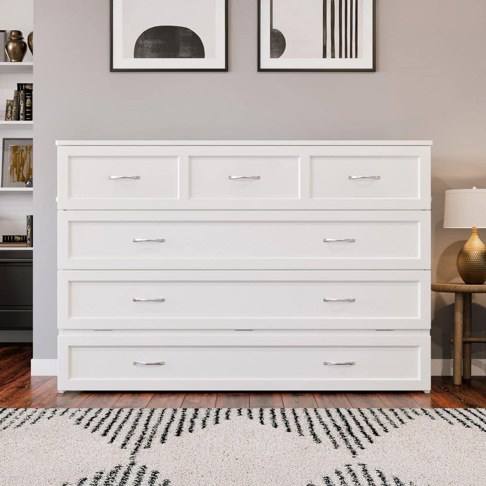 White Queen Murphy Bed Chest with Upholstered Wood Frame and Drawer