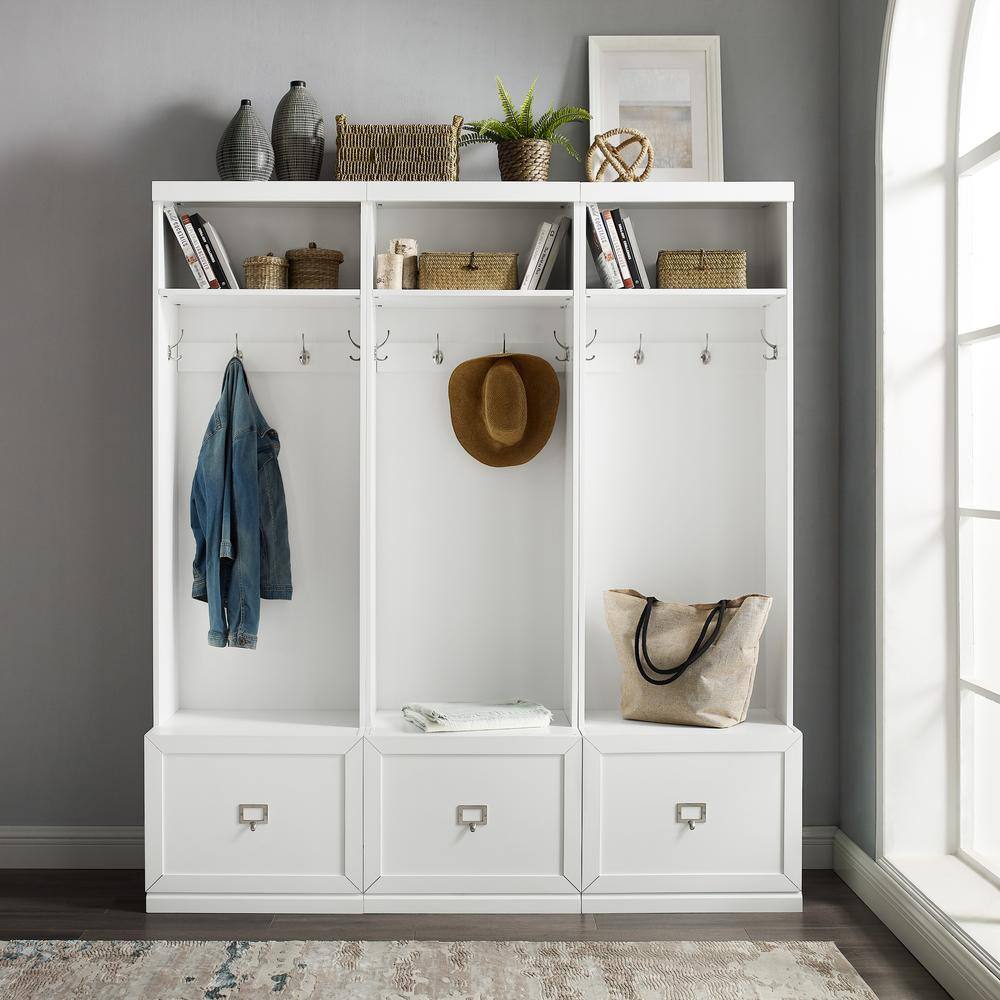 White Hall Tree with Storage Drawers and Hooks