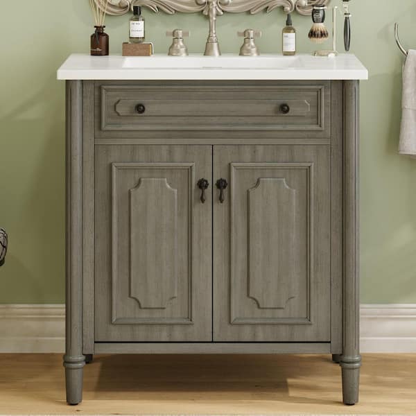 31 in. Freestanding Antique Gray Bath Vanity with White Ceramic Top Bathroom Door Storage Cabinet Unassembled