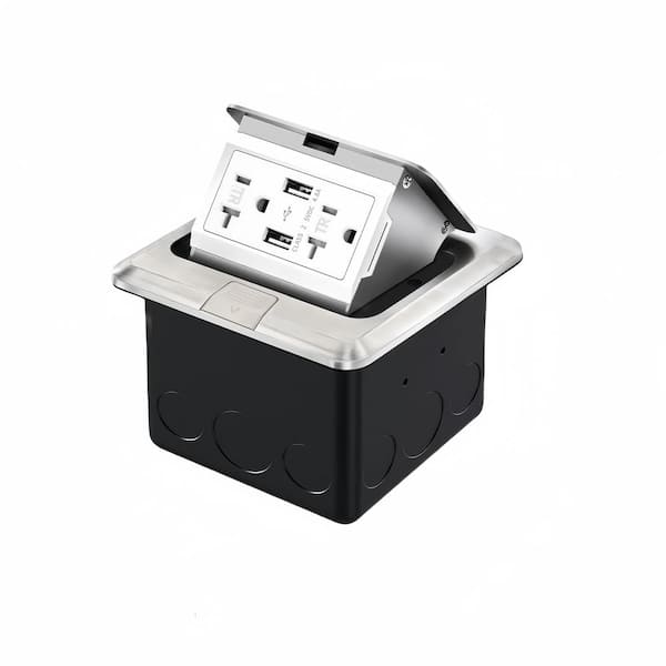 20 Amp Pop-Up Floor Box Kit in Stainless Steel Color with Tamper Resistant Receptacle GFCI Outlet and USB Port