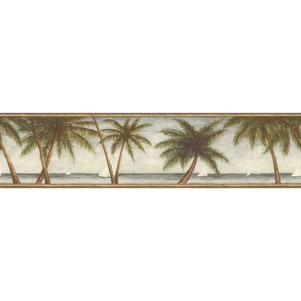 The Wallpaper Company 6.87 in. x 15 ft. Blue Scenic Palm Tree Border-DISCONTINUED
