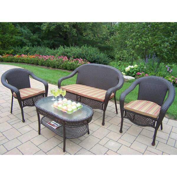 Oakland Living Elite Resin Wicker 4-Piece Patio Seating Set with Striped Cushions