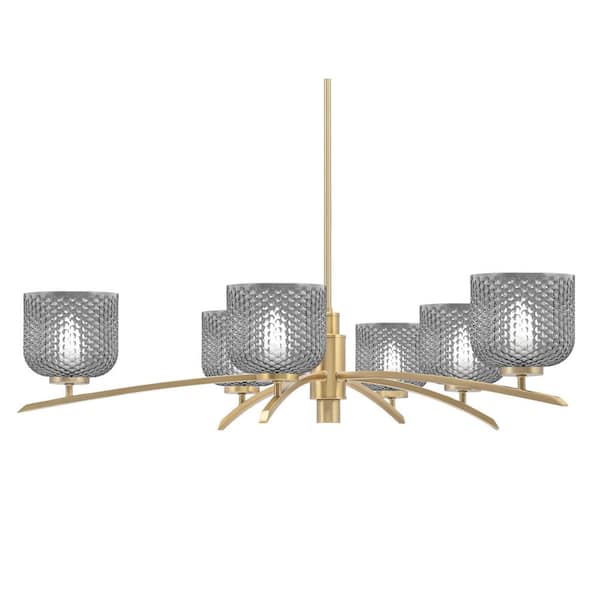 Unbranded Siena 31.5 in. 6 Light New Age Brass Chandelier with Smoke Textured Glass Shades