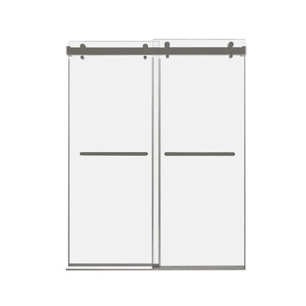 Unbranded 59 in. W x 76 in. H Frameless Double Sliding Shower Door in Brushed Nickel with Clear Tempered Glass