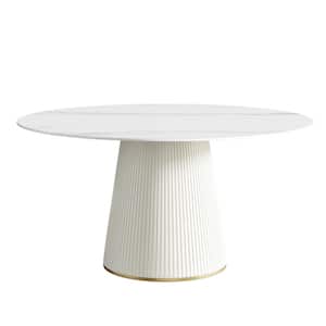 59.05 in. White Circular Rotable Sintered Stone Tabletop White Pedestal Base Kitchen Dining Table (Seats-8)