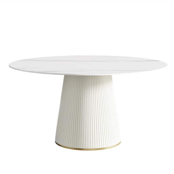 Magic Home 59.05 in. White Circular Rotable Sintered Stone Tabletop White Pedestal Base Kitchen Dining Table (Seats-8)