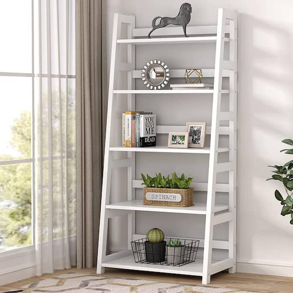Ladder Shelf Sturdy White 4 Tier Bookshelf Home Decor Laminated Wood Bookcase 