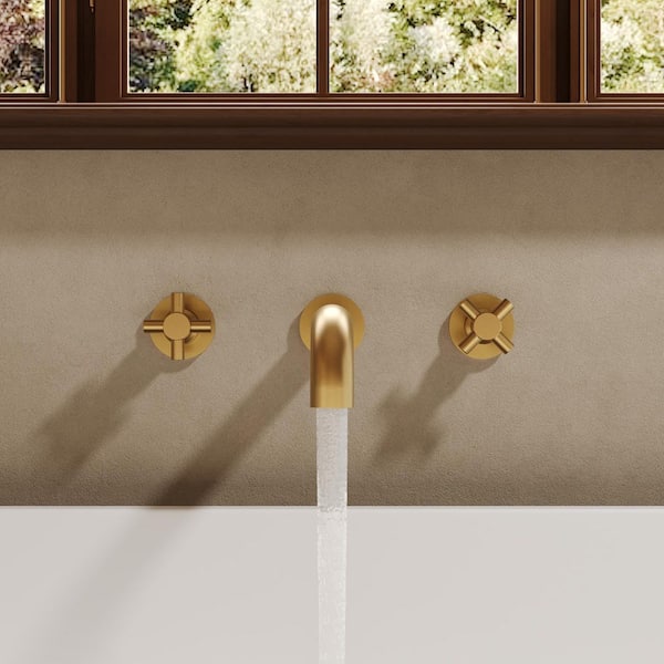11 in. Long Spout Double-Handle Wall Mount Roman Tub Faucet 6.74 GPM with Spot Resistant in Brushed Gold Valve Included