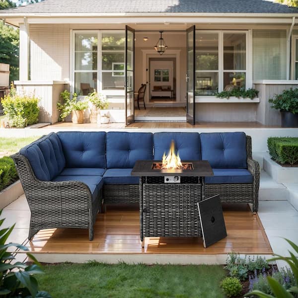 Gymojoy Carolina Gray 3-Piece Wicker Patio Conversation Fire Pit Seactional Seating Set with Blue Cushions