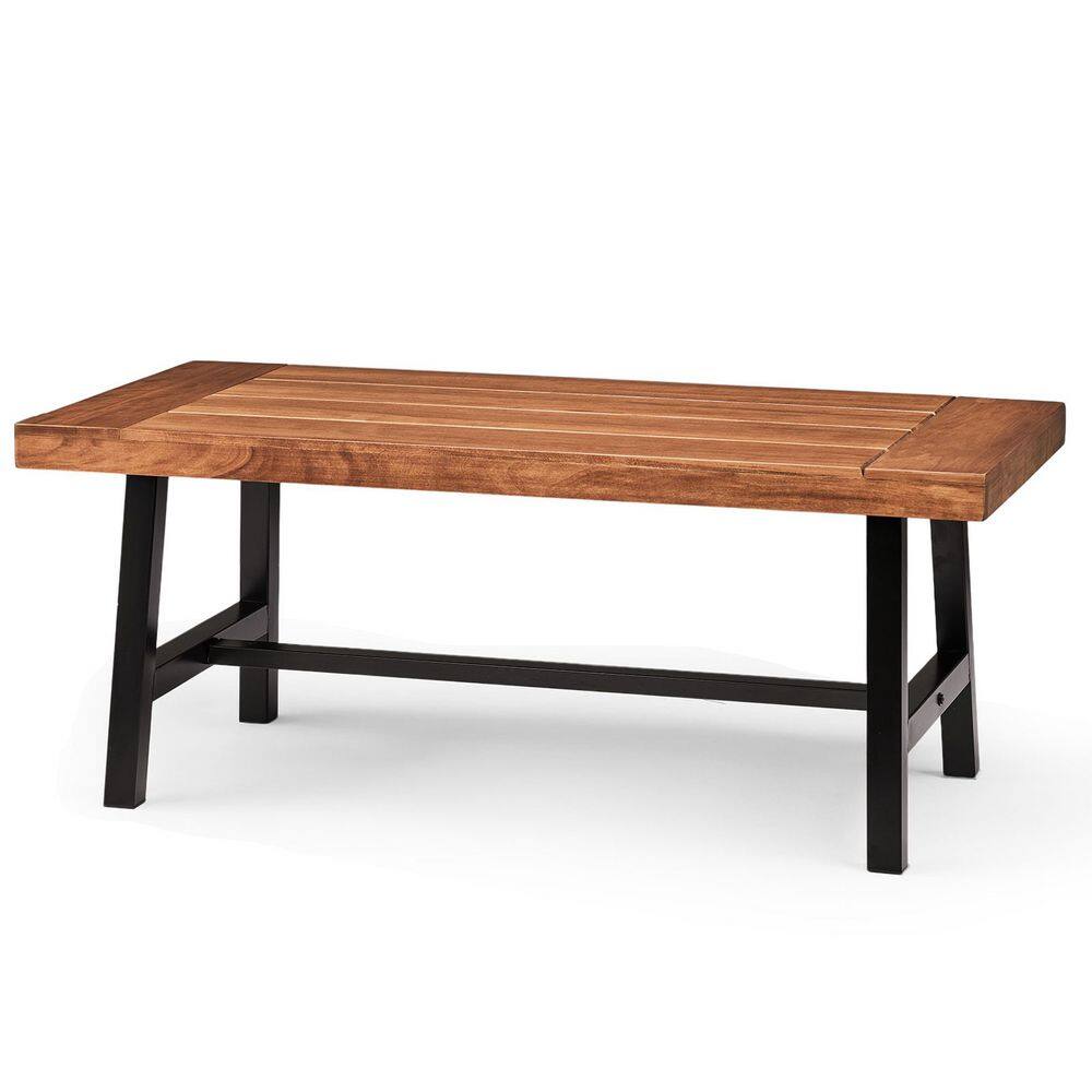 Wood Outdoor Coffee Table, Heavy Duty Patio Coffee Table with Metal Frame