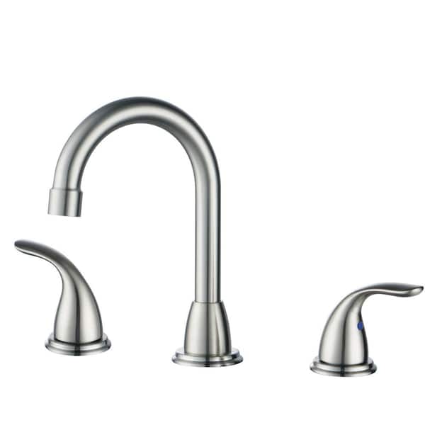 8 in. Widespread Double Handle High Arc Bathroom Faucet with Drain Kit included in Brushed Nickel