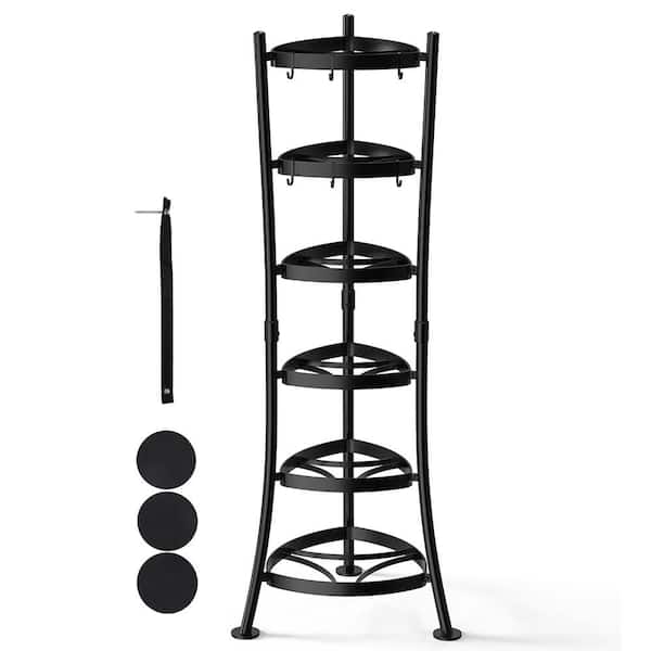 Solid Metal 6-Tier Freestanding Pot Rack with 6 Hooks, 264 lbs. Capacity, Black Finish (Unassembled)