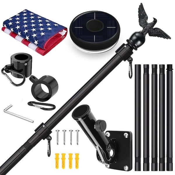 6 ft. Black Stainless Steel Flagpole Kit with American Flag and Solar Light, Wall Mount Flagpole with Adjustable Bracket