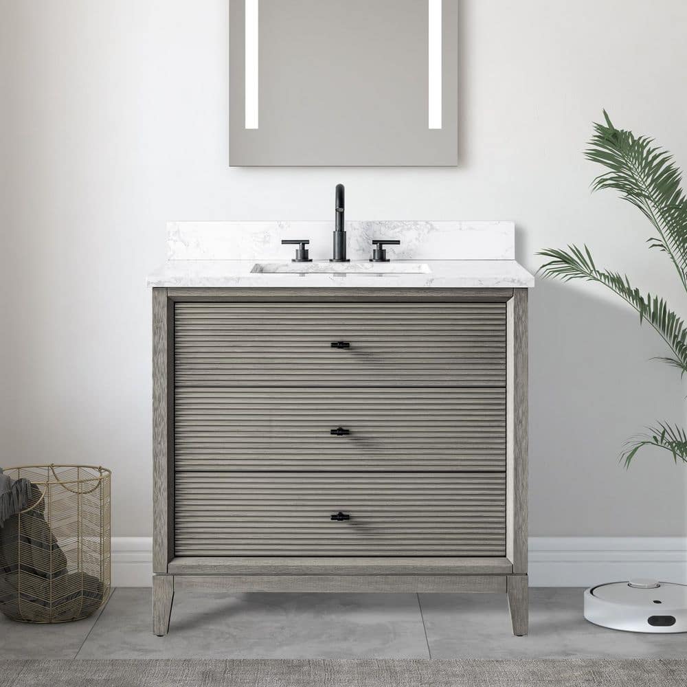 36 in. W x 22 in. D Single Sink Freestanding Driftwood Gray Bath Vanity Cabinet with White Engineered Marble Top price history on PriceWatchPro