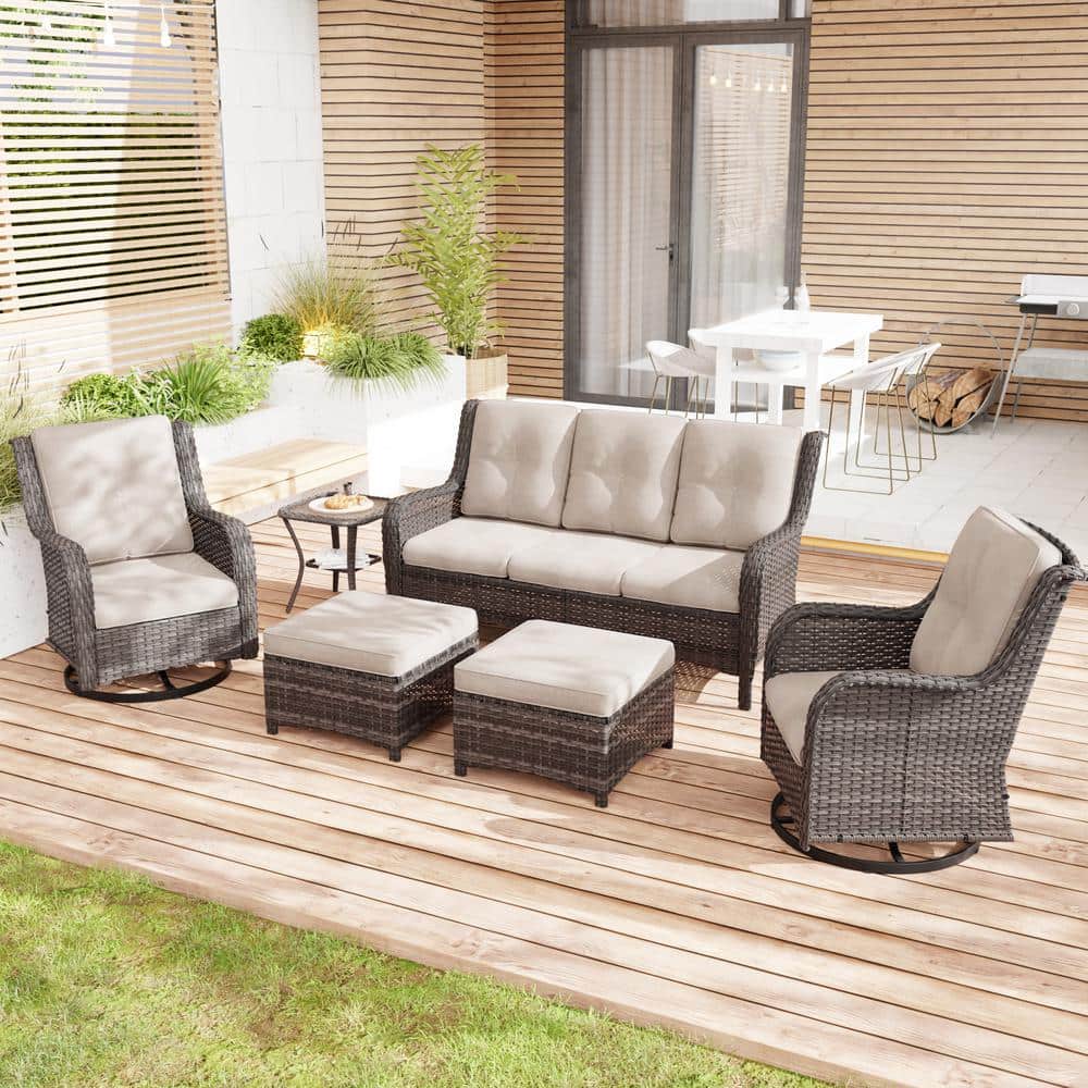 9-Piece Dark Brown Wicker Outdoor Patio Conversation Set with 4 Swivel Chairs, Sofa and Ottomans with Beige Cushions price history on PriceWatchPro