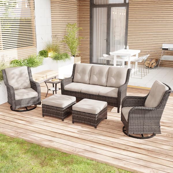 Gardenbee 6-Piece Wicker Outdoor Patio Conversation Set Sectional Sofa with Swivel Rocking Chair, Ottomans and Beige Cushions