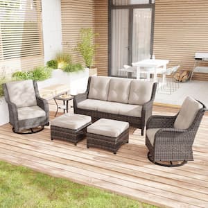 6-Piece Wicker Outdoor Patio Conversation Set Sectional Sofa with Swivel Rocking Chair, Ottomans and Beige Cushions