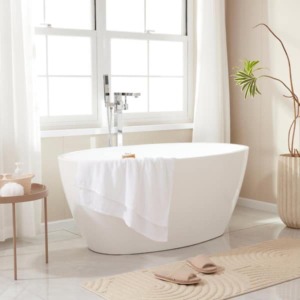 Vanity Art Calais 55 in. L x 32 in. W Acrylic Flatbottom Freestanding Bathtub with Center Drain in White/Titanium Gold