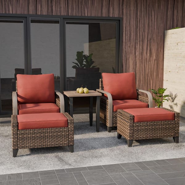 5-Piece Wicker Outdoor Patio Conversation Set with Red Cushions, Ottomans and Side Table