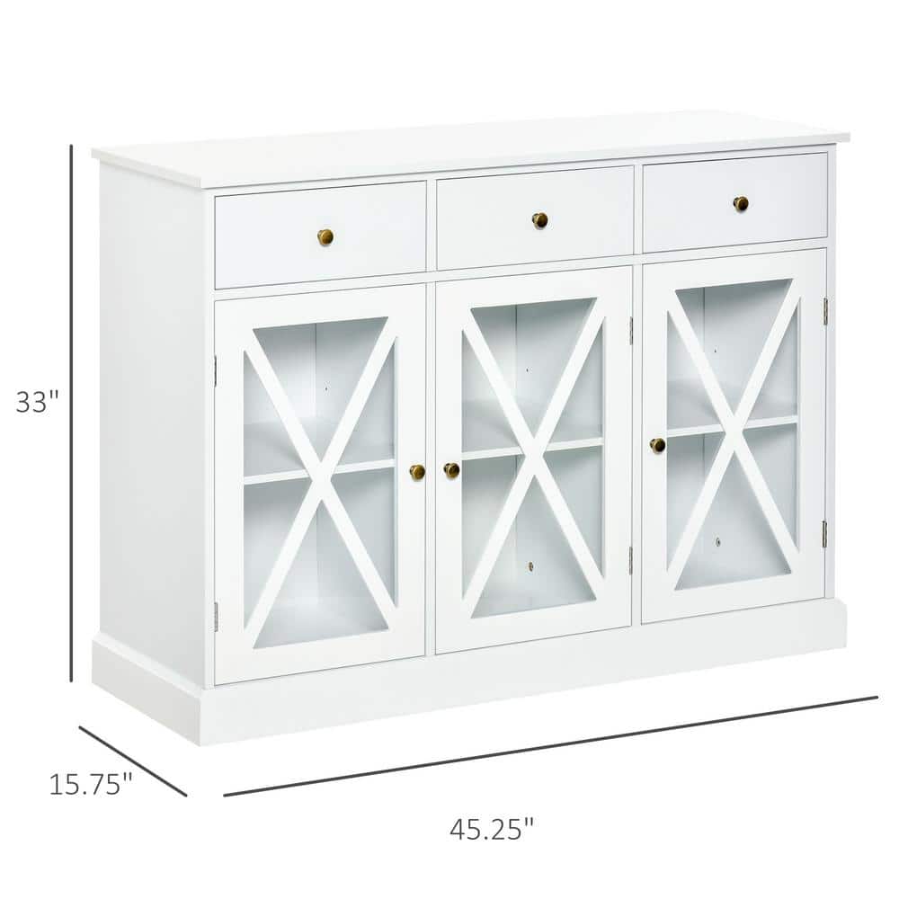 White Farmhouse Style Sideboard Buffet Cabinet with Glass Doors and Drawers