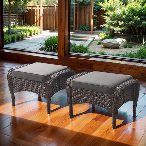 Opohoro Brown Wicker Outdoor Ottoman for Patio (Set of 2) PE Wicker Steel Frame Outdoor Footstool with Gray Cushions
