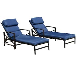 Adjustable Back Metal Outdoor Lounge Chair with Blue Cushions (2-Pack)