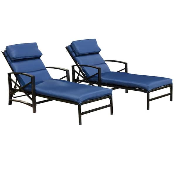 TOP HOME SPACE Adjustable Back Metal Outdoor Lounge Chair with Blue Cushions (2-Pack)