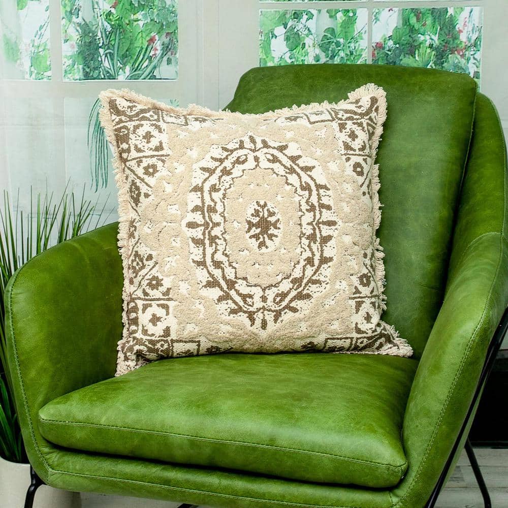 Beige Embroidered Square Cotton Throw Pillow 18" x 18"